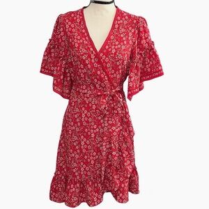 Max Studio red floral ruffle wrap dress